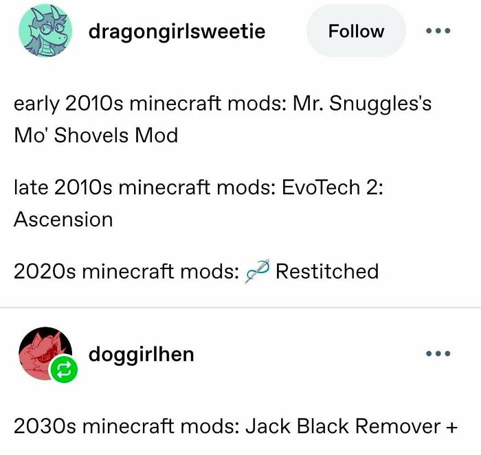 Tumblr post comparing Minecraft mod naming conventions across different decades.