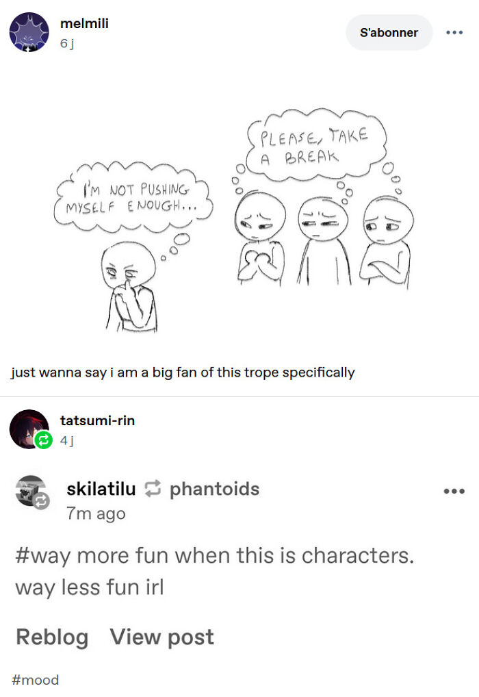 Tumblr post sharing a simple line drawing comic about pushing yourself too hard versus taking a break.
