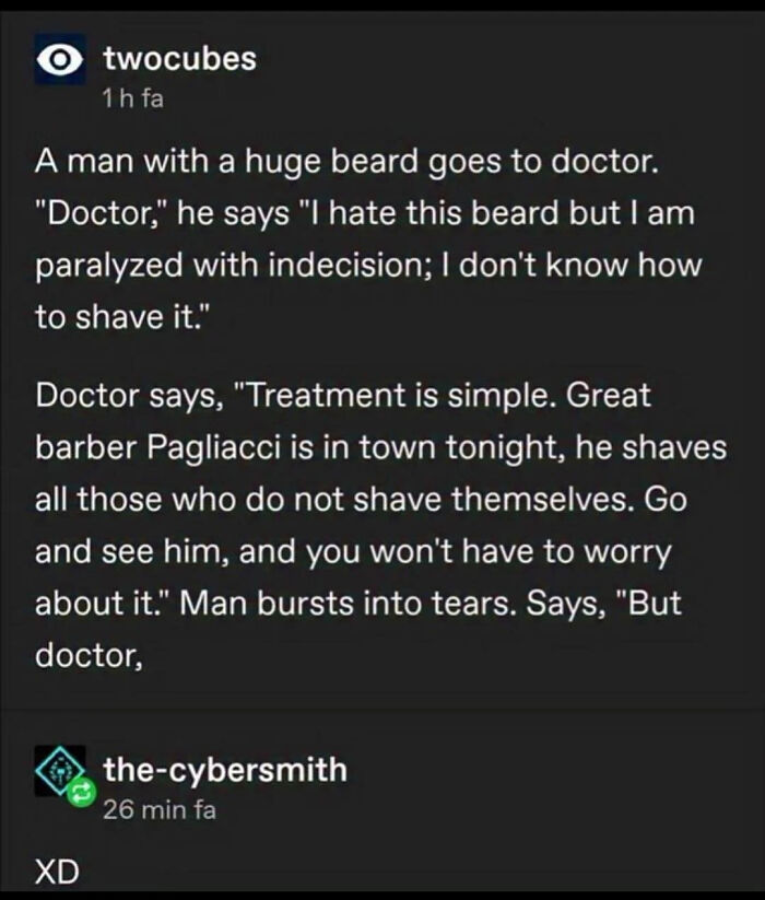 Tumblr post with a text-based joke about a man with a beard seeking advice from a doctor about shaving.
