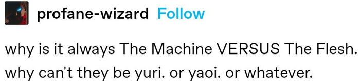 A short and humorous screenshot of chaotic posts on Tumblr debating the relationship between machine and flesh.