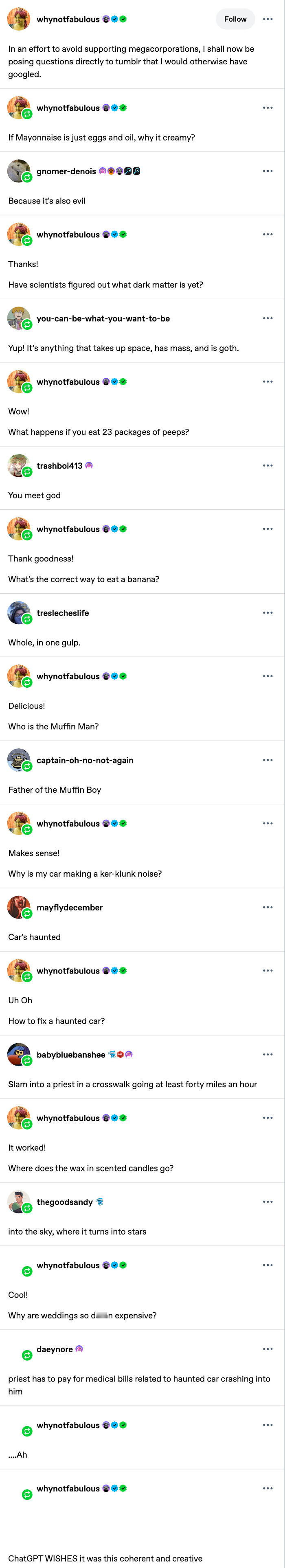 A funny conversation thread showcasing chaotic posts on Tumblr about questions, mayonnaise, and haunted cars.