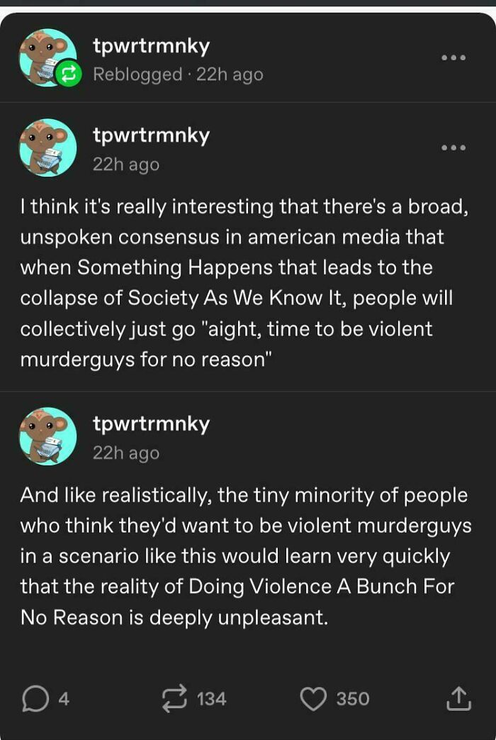 A screenshot of a Tumblr text post discussing the societal expectations of violence during an apocalypse