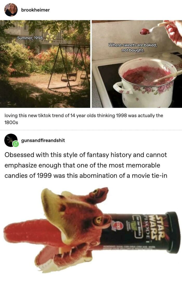 A funny Tumblr post comparing aestheticized retro memories to the bizarre Jar Jar Binks candy from 1999.