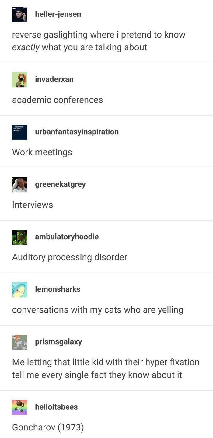 A text thread of chaotic posts from Tumblr discussing reverse gaslighting across different life scenarios.