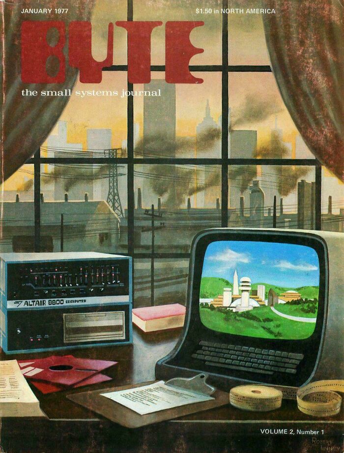 Retrofuturistic image: people in the past imagined the future of a computer setup with a cityscape view.