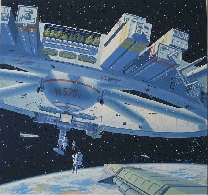 A retrofuturistic space station orbiting Earth with astronauts, depicting how people in the past imagined the future of space travel.