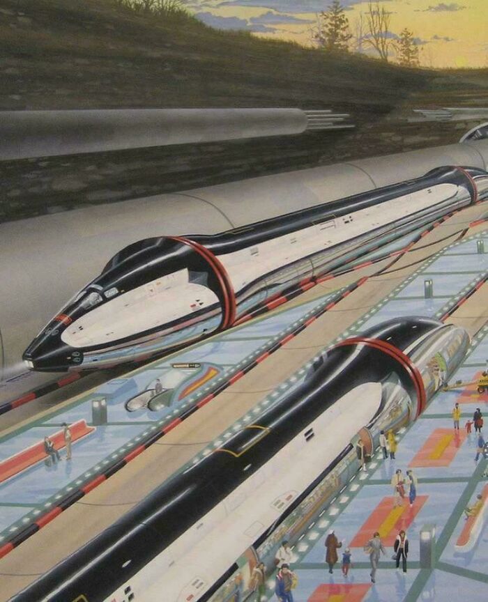 Retrofuturistic image of two futuristic bullet trains on tracks, representing how people in the past imagined the future of transportation.