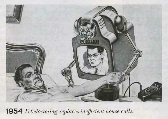 Black and white retrofuturistic image from 1954 showing a robot with a screen face performing a medical check-up, imagining the future.