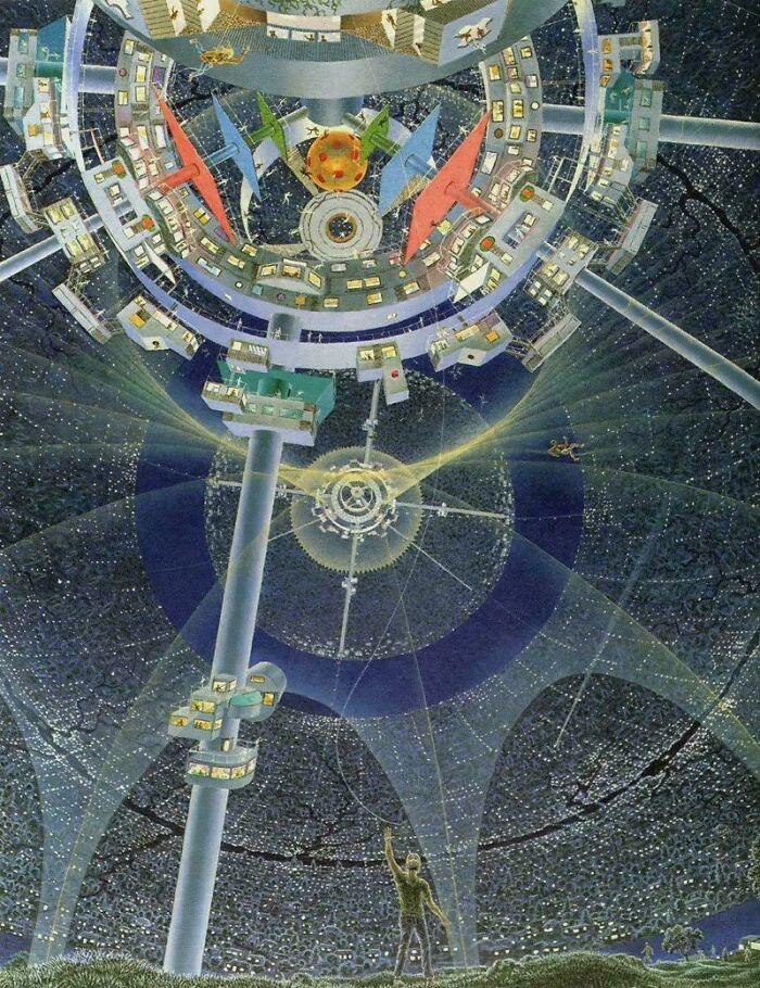 A detailed retrofuturistic image showing a cylindrical space colony with a person looking up at the interior, depicting a future.