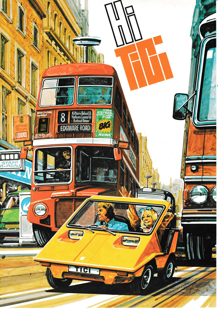 Retrofuturistic street scene in the past imagined future, featuring a double-decker bus and small car.