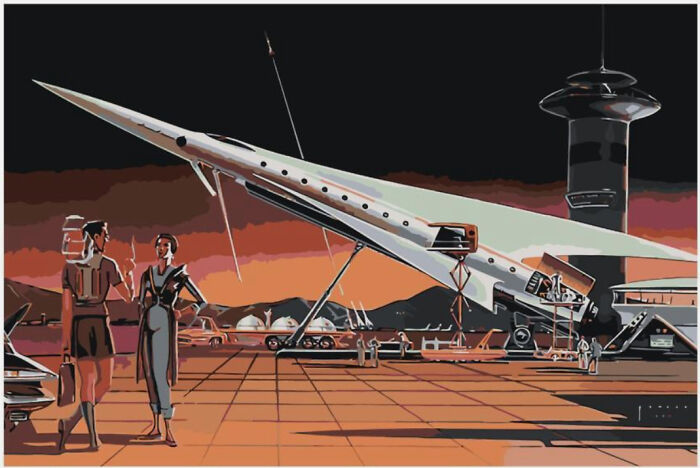 Retrofuturistic image showing how people in the past imagined the future: sleek rocket and two observers.