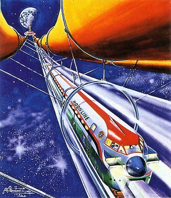 An illustration of a Moonline train traveling through space towards the moon, depicting a retrofuturistic vision.