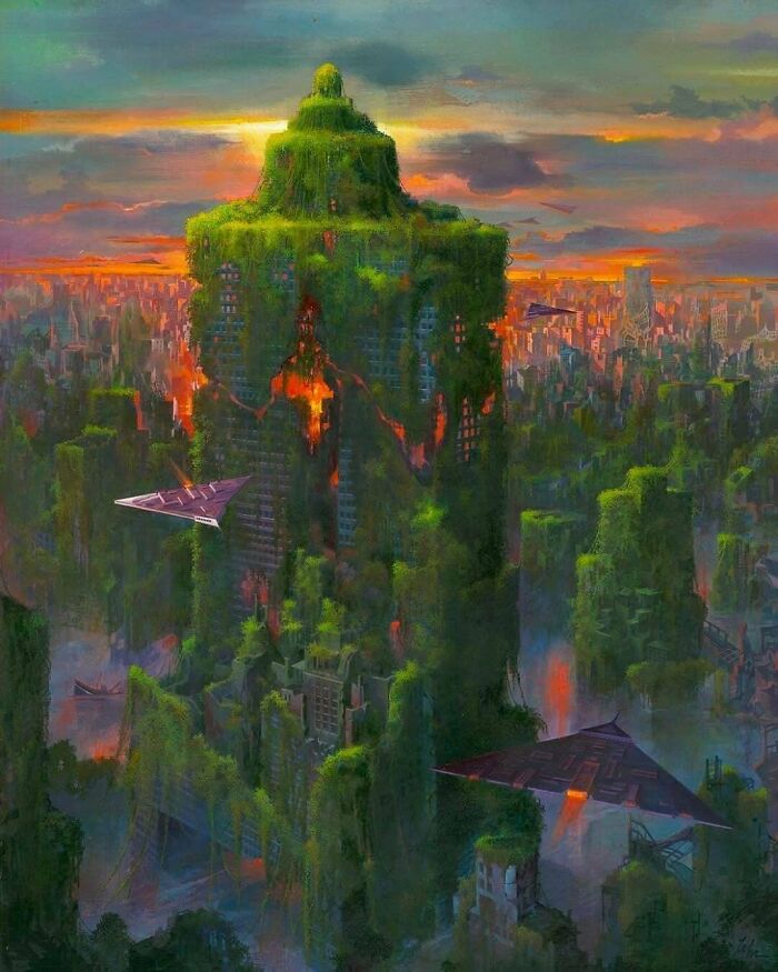 A painting of an overgrown, abandoned city with futuristic flying vehicles, showing a retrofuturistic dystopian future.