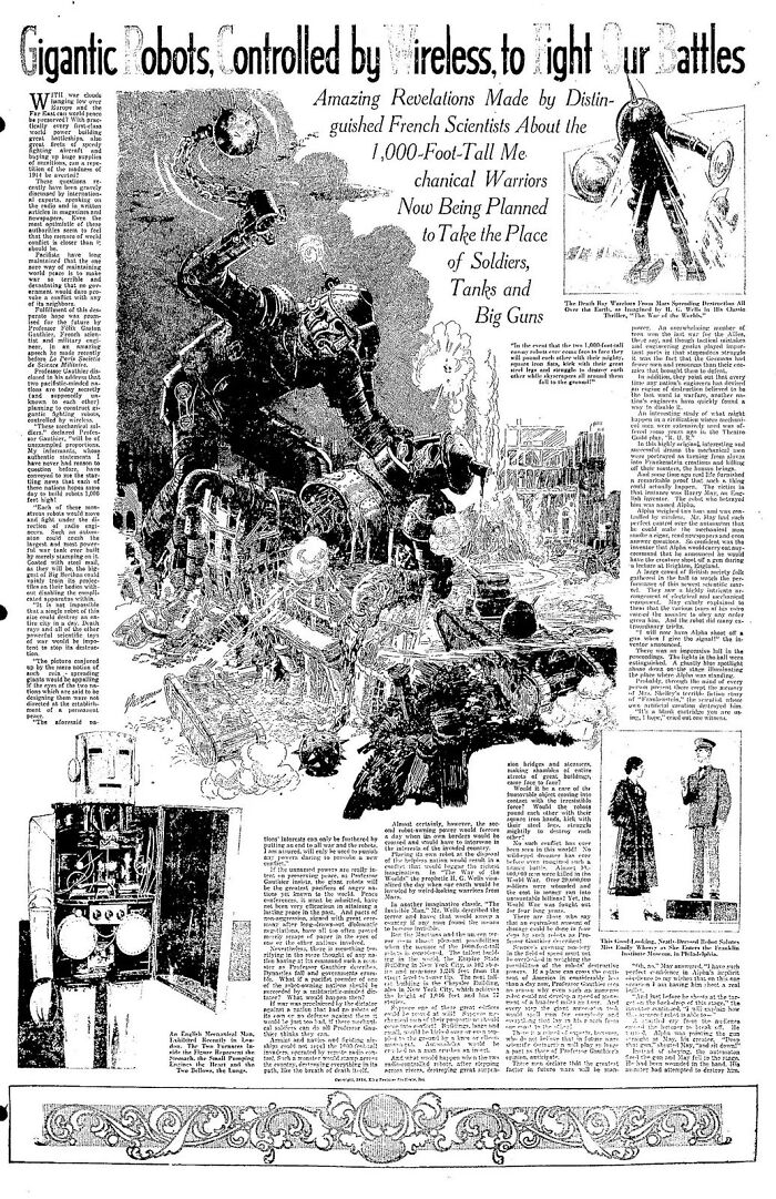 An illustration of gigantic robots used in war, showing how people imagined the future.