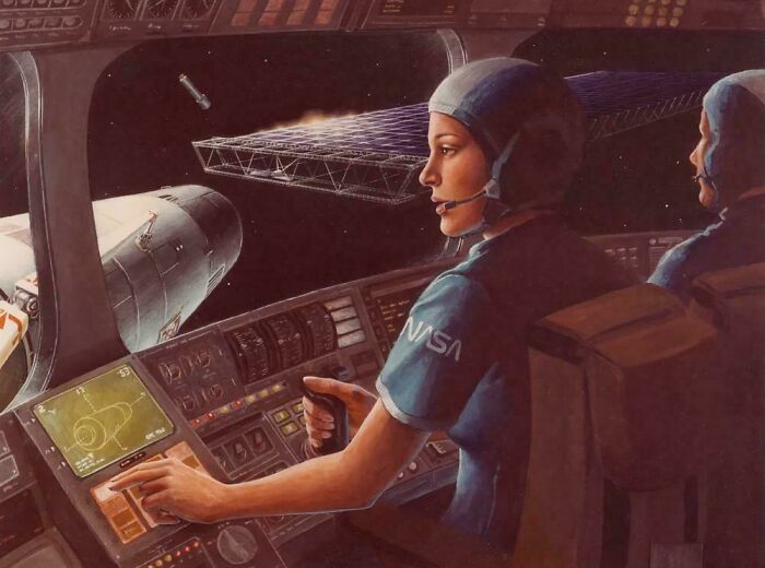 Retrofuturistic image of female astronauts in a spacecraft cockpit, looking out at a space station, depicting a past vision of the future.