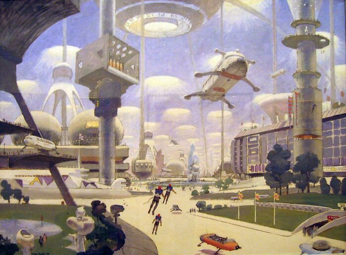 Retrofuturistic image of a sprawling futuristic city with elevated walkways and flying vehicles, how people in the past imagined the future.