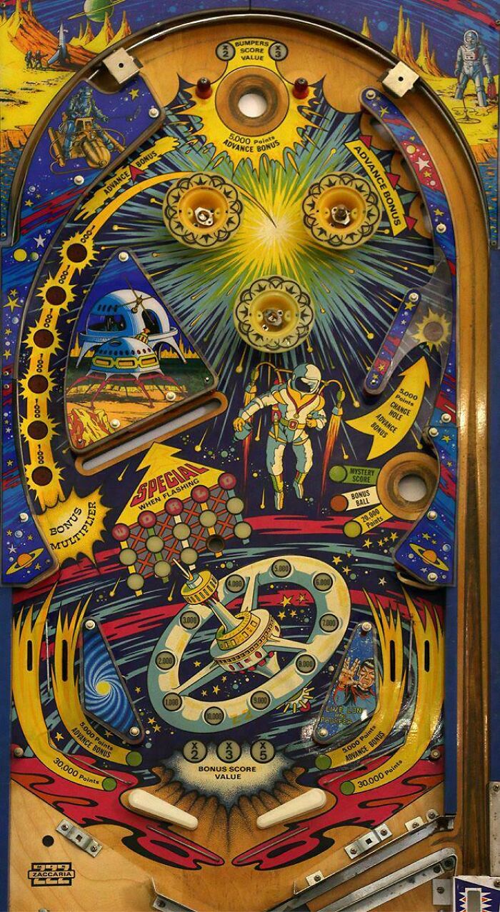Retrofuturistic image of a colorful pinball machine with a space theme, featuring astronauts and planets, an imaginative view of the future.