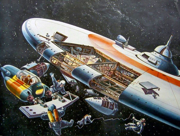 Retrofuturistic image depicting astronauts performing repairs on a large spacecraft in outer space, showcasing a past vision of the future.
