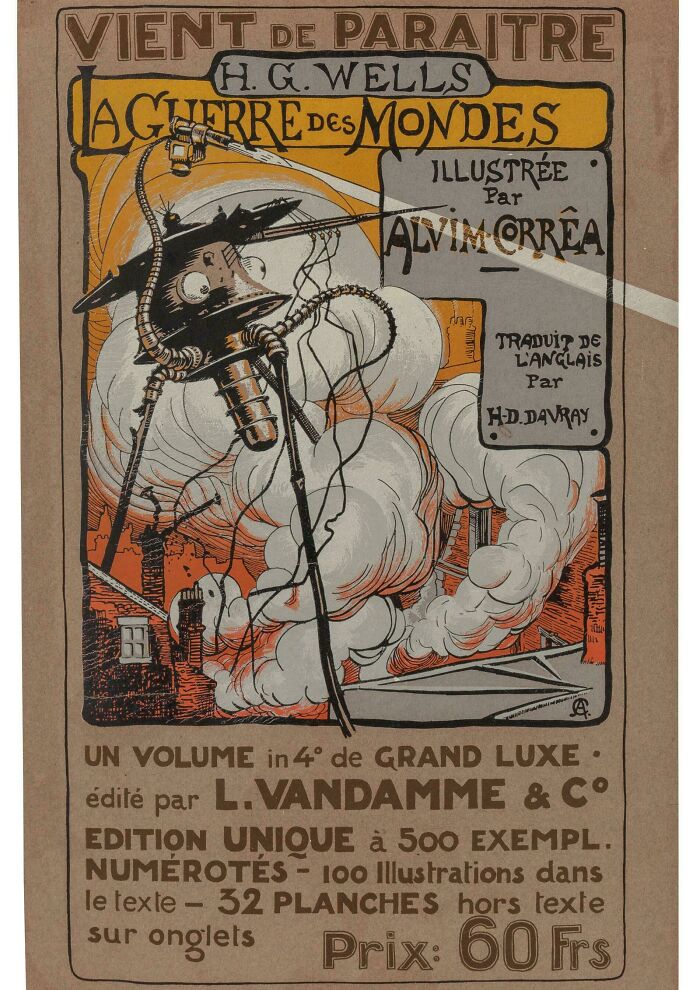 Retrofuturistic poster for The War of the Worlds, featuring a Martian tripod destroying a city, an imagined future.
