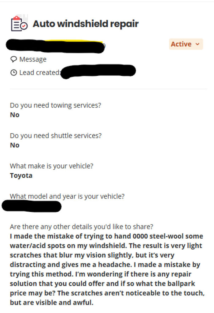 Screenshot of an auto windshield repair request, detailing damage for car mechanics.