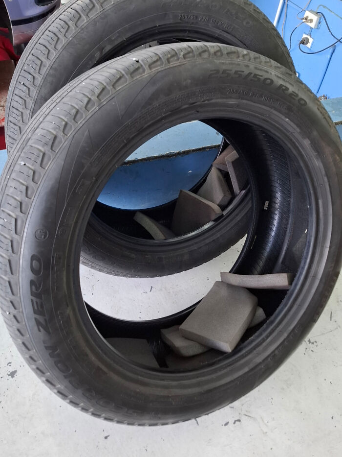 Car mechanics had to take pics of strange car issues, like these large car tires with foam inside.