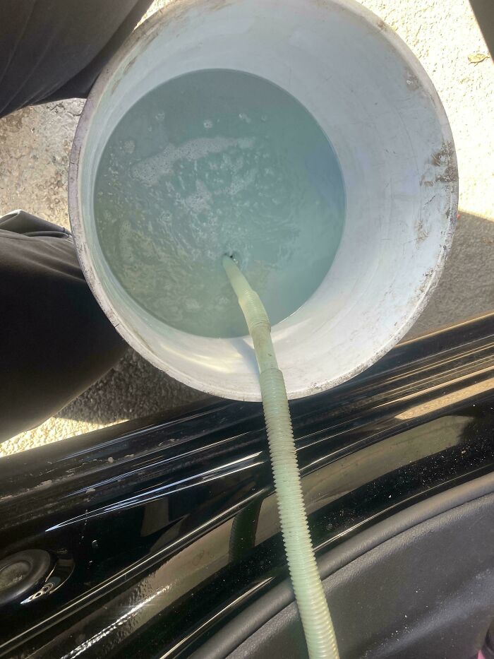 A car mechanic dealing with a bucket of cloudy, possibly contaminated, liquid being siphoned from a car, indicating a fluid issue.