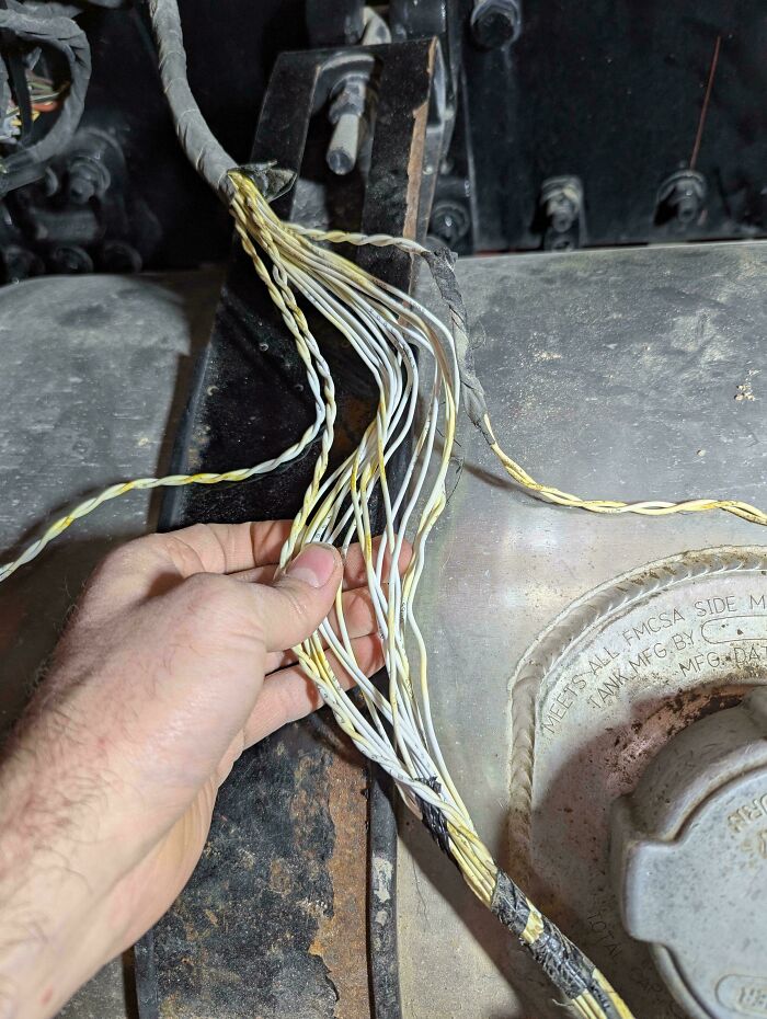 A car mechanic holding up a bundle of frayed, exposed electrical wires, showcasing a common issue.