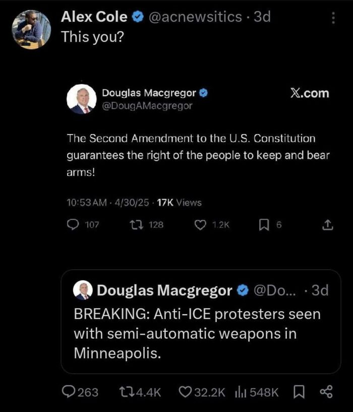 A tweet exchange highlighting an individual caught in their contradictions online regarding gun rights and protest actions.