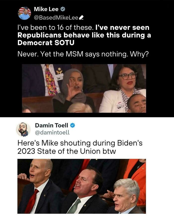 A split image of politicians caught in their contradictions online, showing different reactions at State of the Union addresses.