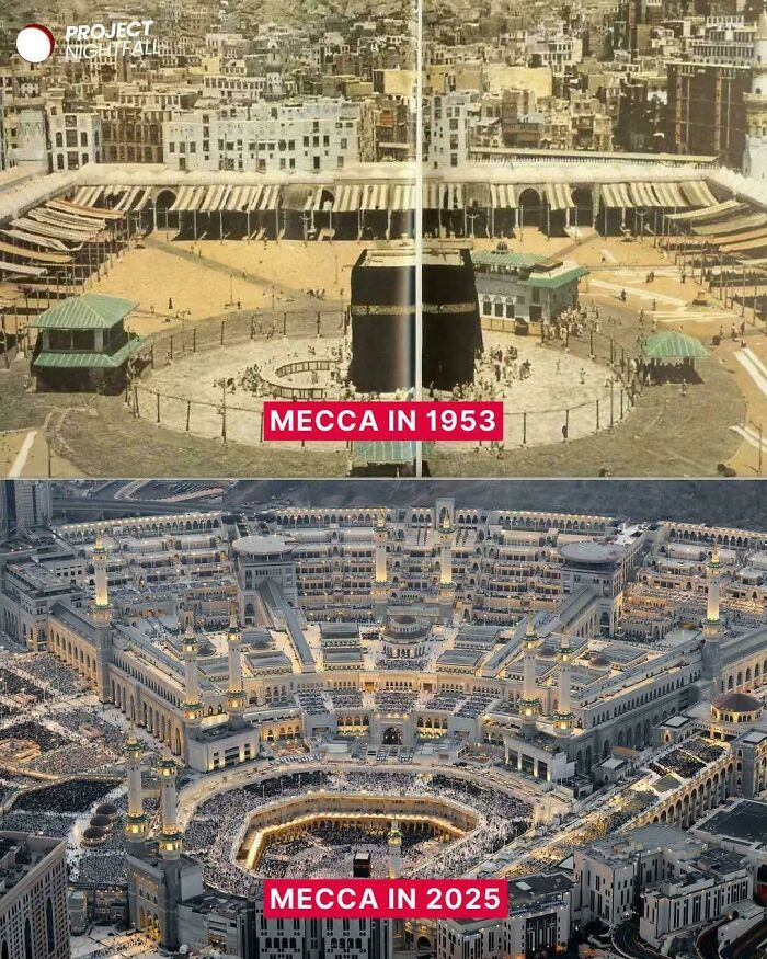 A historical photo contrasting Mecca in 1953 with a modern rendering of Mecca in 2025.