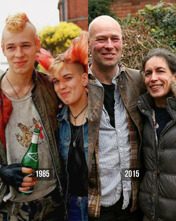 A split image showing a punk couple in 1985 with mohawks and leather jackets, and the same couple in 2015 as smiling adults, highlighting historical photos.