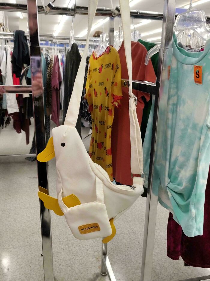 A fun duck-shaped f***y pack hanging on a rack, a great thrift store find and jackpot.