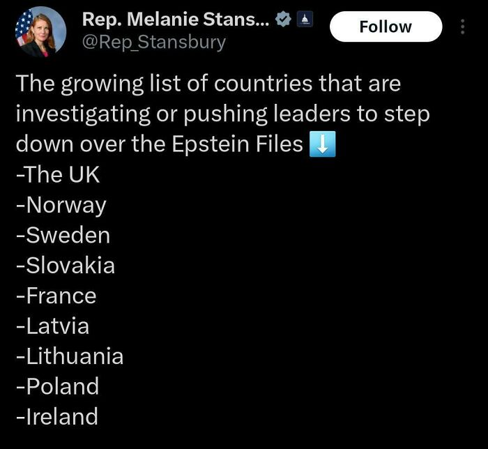 Tweet by Rep. Melanie Stansbury listing countries investigating leaders over the Epstein Files in a brutally honest political post.