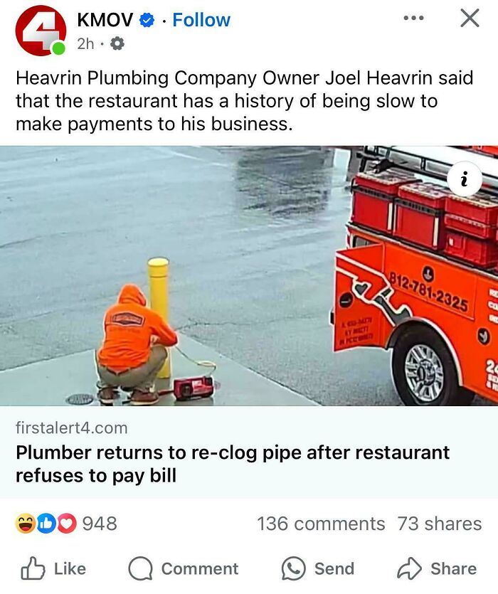 Plumber in orange hoodie working on pipe outside wet pavement near red service truck, illustrating funny regret moments and bad decisions.