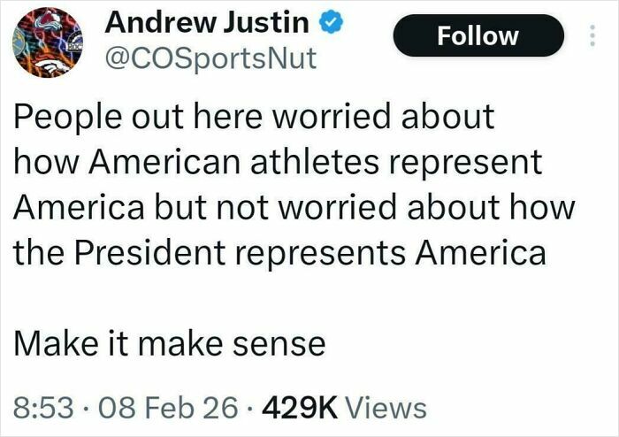 Tweet about American athletes and the President representing America, reflecting brutally honest social media politics posts.