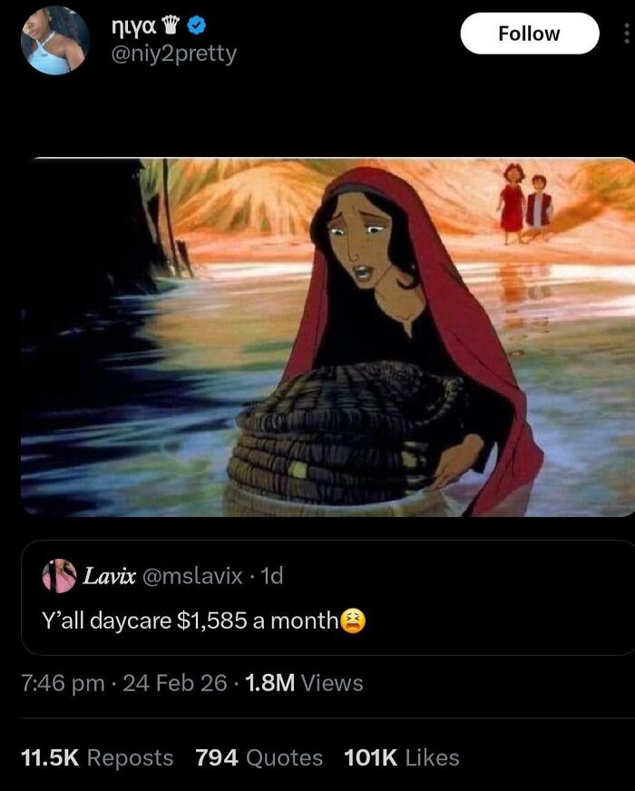 Screenshot of a social media post showing a cartoon woman holding a basket, discussing daycare costs in a political context.