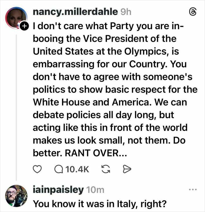 Social media post ranting about politics, respect for the White House, and reactions to booing the Vice President.