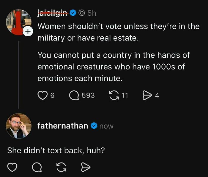 Social media post humorously discussing politics and voting rights in a brutally honest political commentary style.