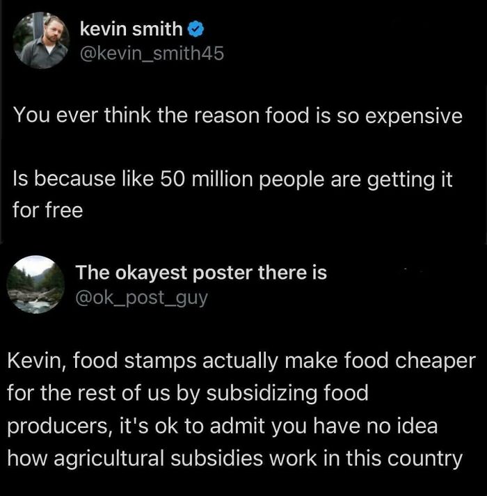 Social media posts discussing politics, food prices, and the impact of food stamps on agricultural subsidies.