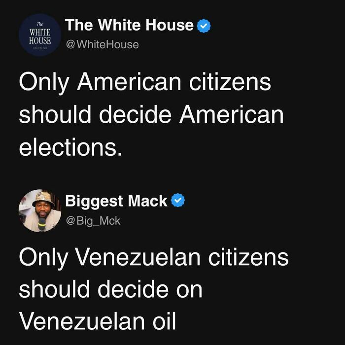 Brutally honest social media post contrasting American election decisions with Venezuelan oil control debate.