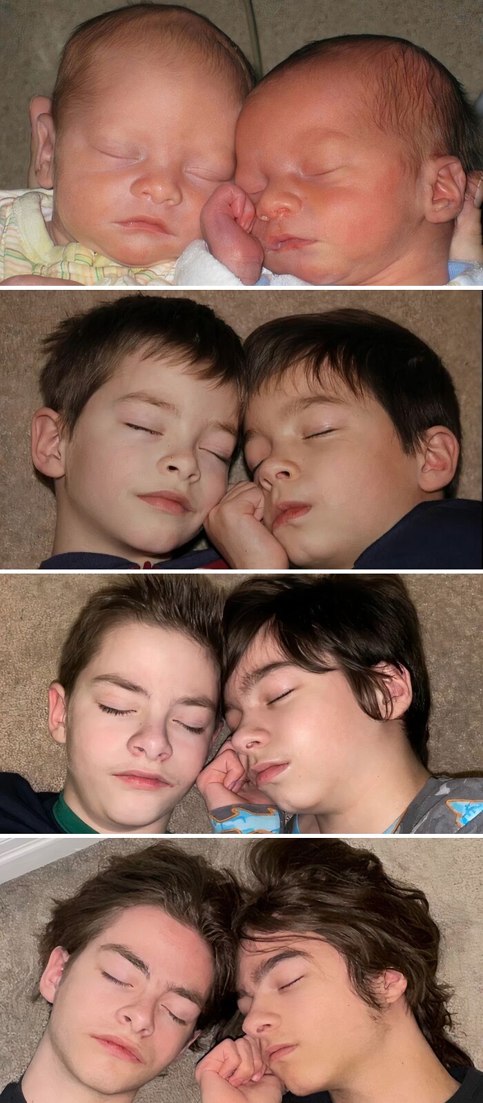 Then-and-now photos showing two brothers sleeping side by side, illustrating how time transforms everything over the years.