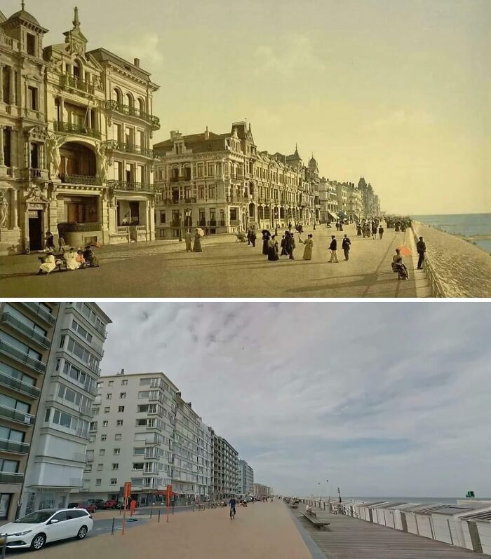 Then-and-now photos showing transformation of a coastal promenade with historic and modern buildings by the sea.