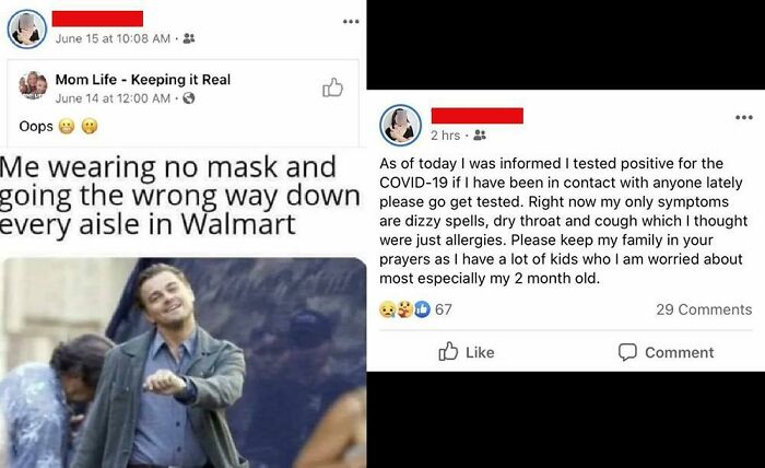 Social media posts showing funny regret moments about bad decisions and unexpected COVID-19 news reactions.