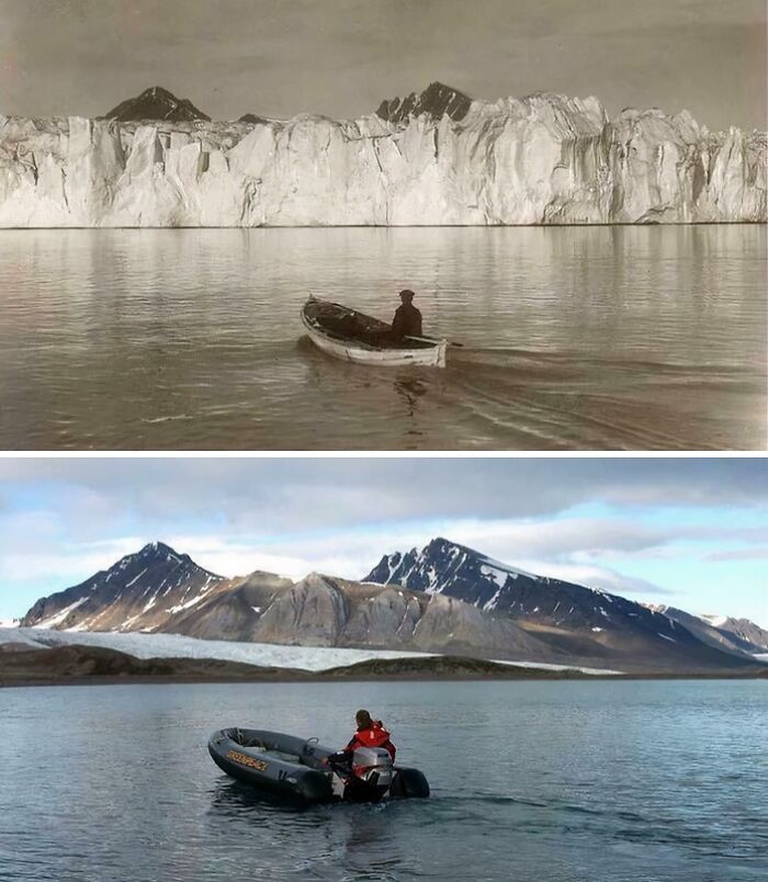 Then-and-now photos showing dramatic glacier retreat with boats on calm water in contrasting eras.
