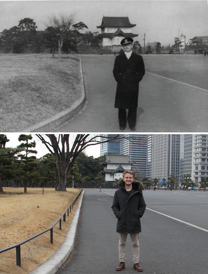 Man standing in the same location decades apart, a then and now photo showing how time transforms everything.