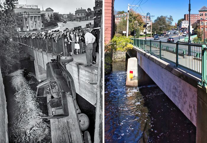 Then-and-now photos showing a historic bridge scene with a car accident and the modern-day transformed street view.