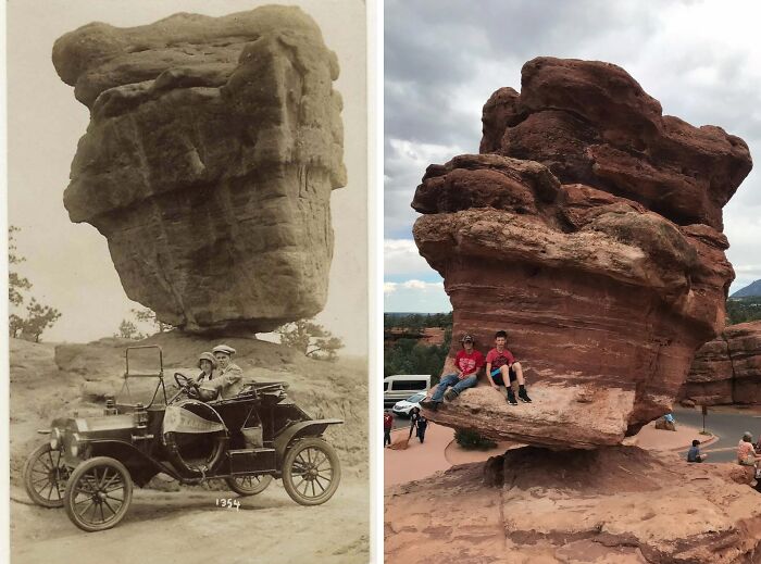 Then-and-now photo showing people posing on a unique large balanced rock formation highlighting time transformation.