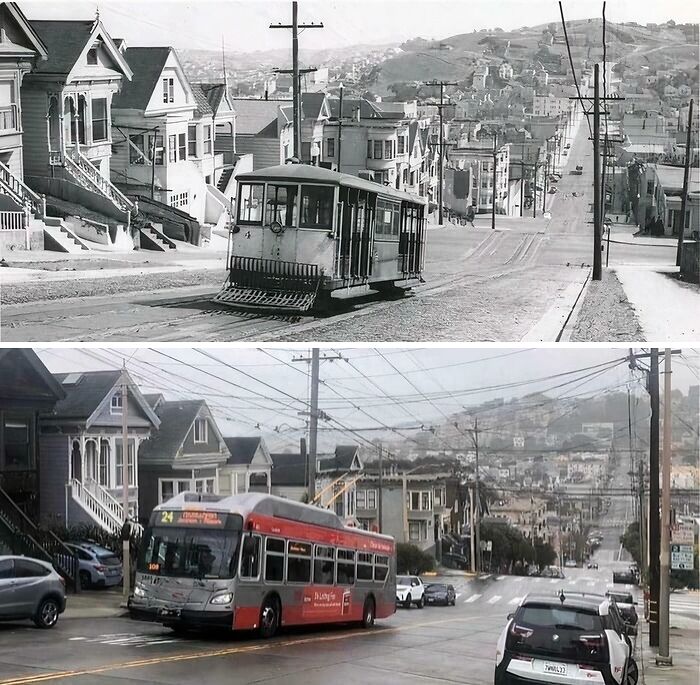 Then-and-now photos showing streetcar replaced by modern bus in a neighborhood, illustrating time transformation effects.