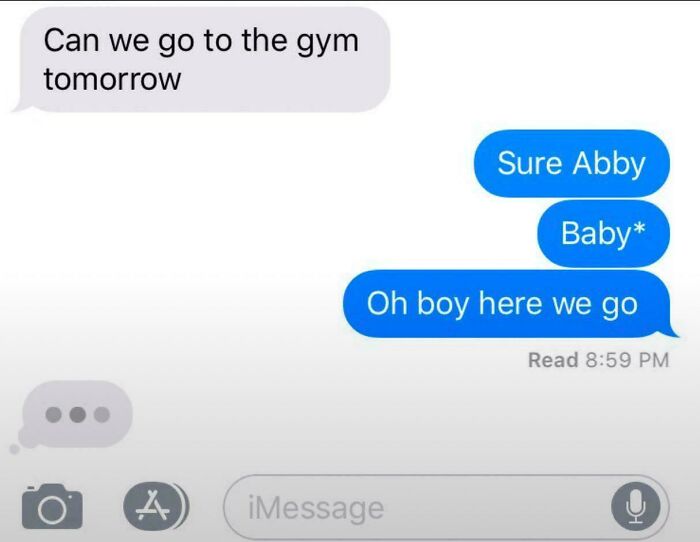 Text message exchange showing a funny regret moment with an autocorrect fail about going to the gym tomorrow.