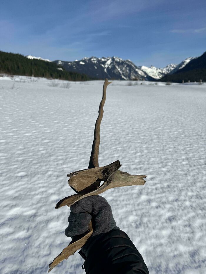 Hand wearing glove holding cool sticks in snowy landscape with mountains and clear blue sky in the background.